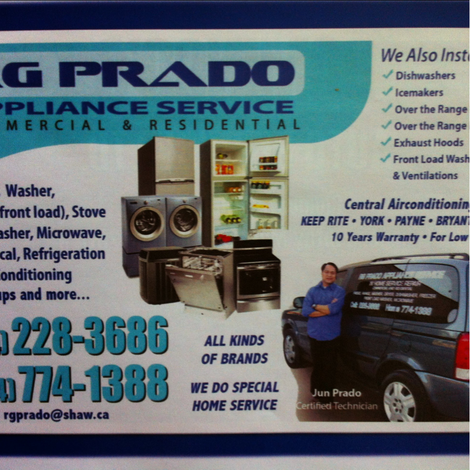 Rgprado Appliance Service | 1514 Manitoba Ave, Winnipeg, MB R2X0L5, Canada | Phone: (204) 228-3686