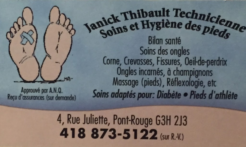 Janick Thibault Technicienne Soins et Hygiène des Pieds | 4 Rue Juliette, Pont-Rouge, QC G3H 2J3, Canada | Phone: (418) 873-5122