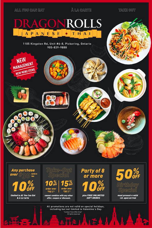 Dragon Rolls Japanese + Thai | 1105 Kingston Rd unit 6-8, Pickering, ON L1V 1B5, Canada | Phone: (905) 839-9888