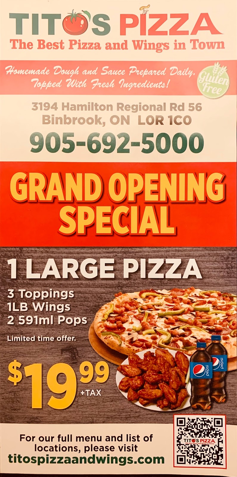 Titos Pizza and Wings | 3194 Hamilton Regional Rd 56, Binbrook, ON L0R 1C0, Canada | Phone: (905) 692-5000