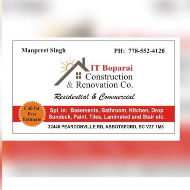 IT Boparai Construction and Renovation | 3640 Qualicum St, Abbotsford, BC V2T 5A6, Canada | Phone: (778) 552-4120