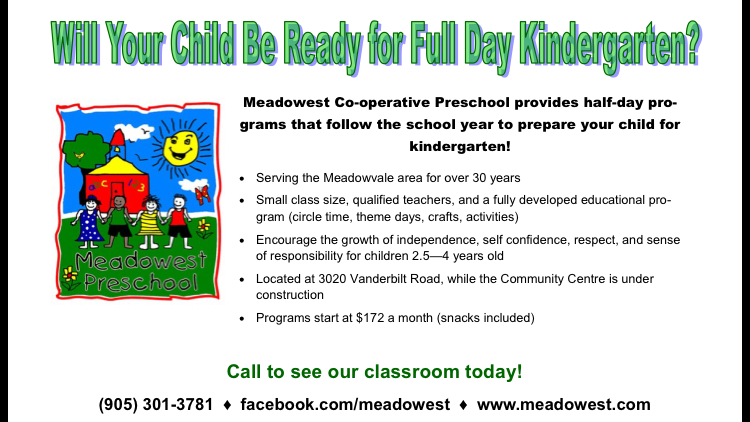 Meadowest Preschool | 3020 Vanderbilt Rd, Mississauga, ON L5N 4W8, Canada | Phone: (905) 301-3781