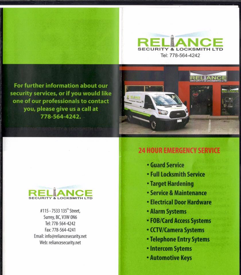 Reliance Security & Locksmith Ltd. | 7533 135 Street #115 24 Hours, Emergency Call Services, Surrey, BC V3W 0N6, Canada | Phone: (778) 564-4242
