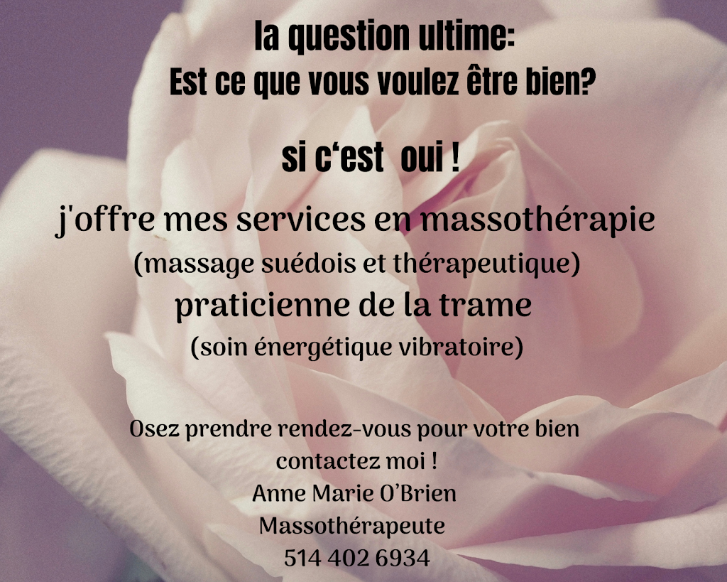 AnneMarieO’brien Massothérapie | 13e Av, Saint-Zotique, QC J0P 1Z0, Canada | Phone: (514) 402-6934