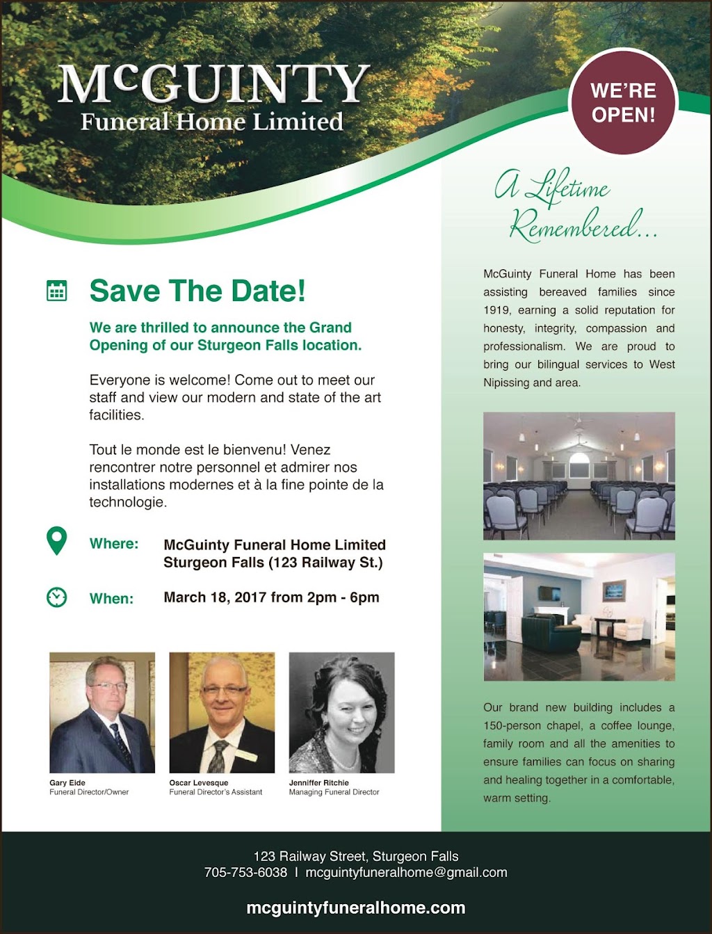 McGuintys Funeral Home | 123 Railway St, Sturgeon Falls, ON P2B 3B1, Canada | Phone: (705) 753-6038