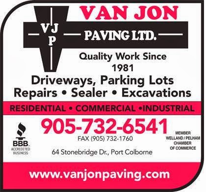 Van Jon Paving Ltd | 64 Stonebridge Dr, Port Colborne, ON L3K 5V5, Canada | Phone: (905) 732-6541