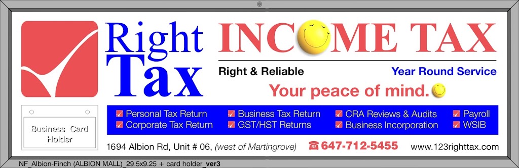 RIGHT TAX AND BUSINESS MANAGEMENT | point of interest | 1694 ALBION ROAD , LEVEL 2, unit 6, Toronto, ON M9V 1B8, Canada | 6477125455 OR +1 647-712-5455