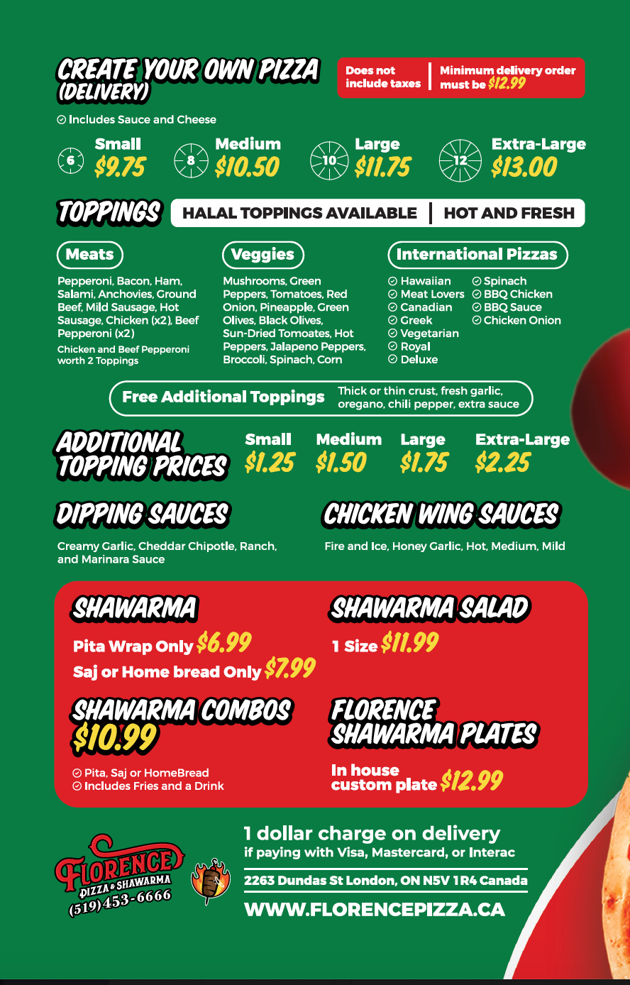Florence Pizza & Shawarma | 2263 Dundas St, London, ON N5V 1R4, Canada | Phone: (519) 453-6666