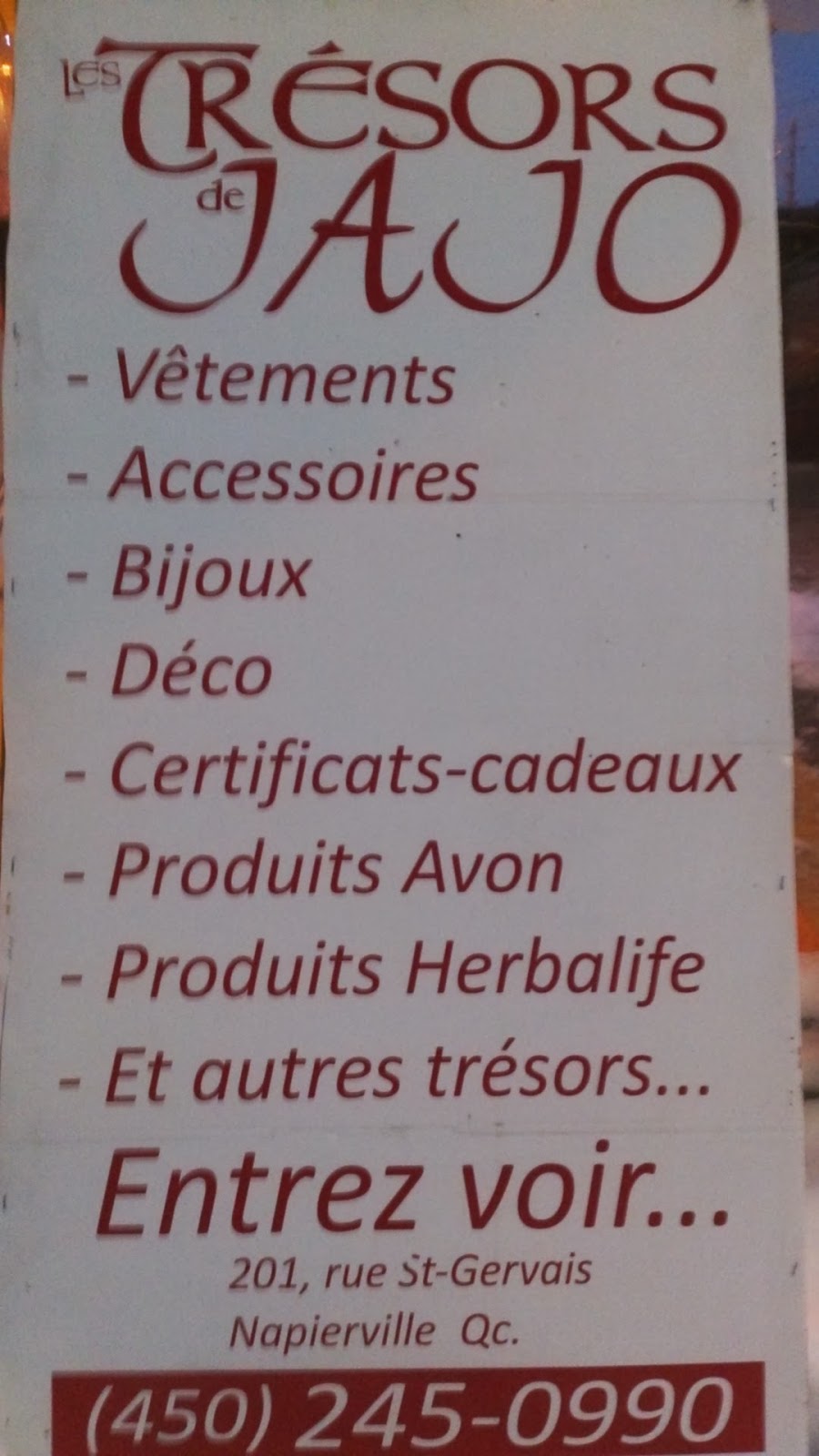 Les trésors de Jajo | 201 Rue Saint-Gervais, Napierville, QC J0J 1L0, Canada | Phone: (450) 245-0990