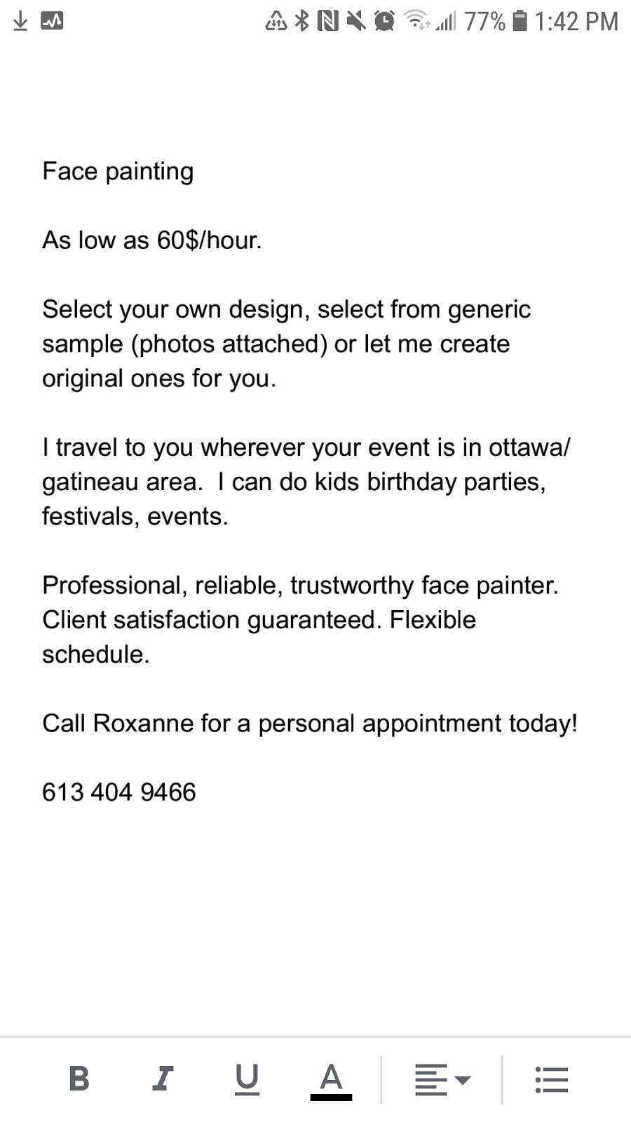 Face painting with Roxanne | point of interest | 1284 Gregory Ct, Gloucester, ON K1J 9B2, Canada | 6134049466 OR +1 613-404-9466