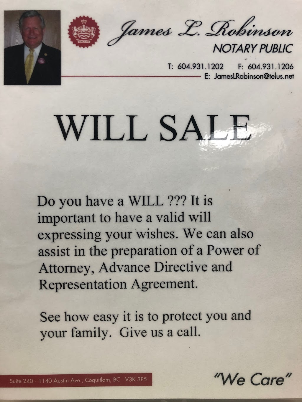 James L. Robinson, Notary Public since 1982 | 1140 Austin Ave Suite 240, Coquitlam, BC V3K 3P5, Canada | Phone: (604) 931-1202