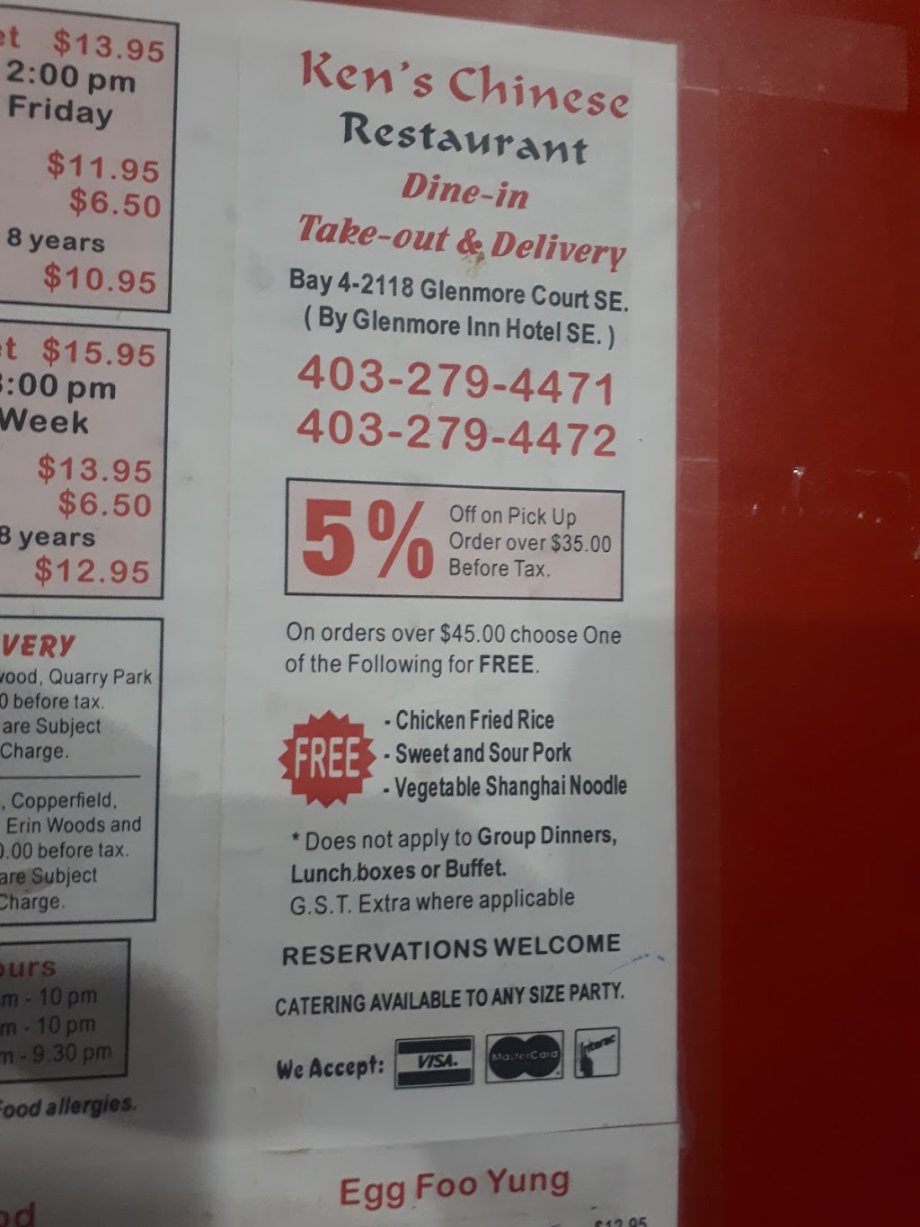 Kens Chinese Restaurant | 2118 Glenmore Ct SE, Calgary, AB T2C 2E6, Canada | Phone: (403) 279-4471