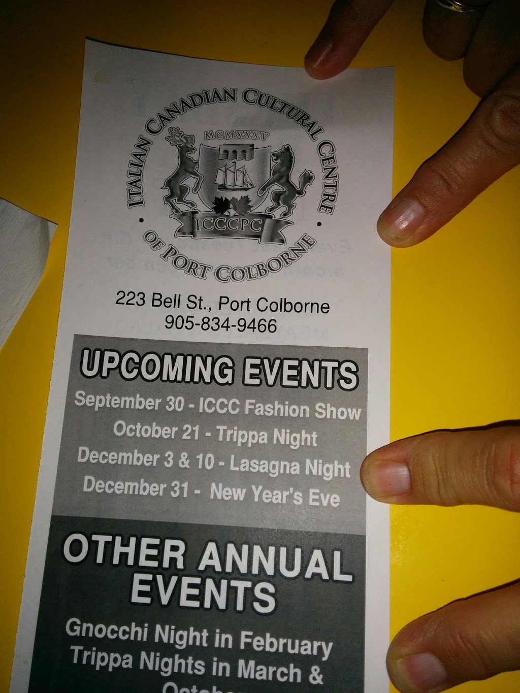 Italian Canadian Cultural Centre | 223 Bell St, Port Colborne, ON L3K 1J2, Canada | Phone: (905) 834-9466