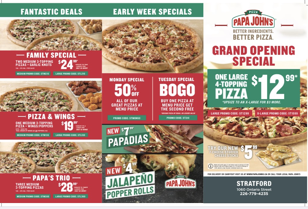 Papa Johns Pizza | 1060 Ontario St Unit 3, Stratford, ON N4Z 1A5, Canada | Phone: (226) 779-4235