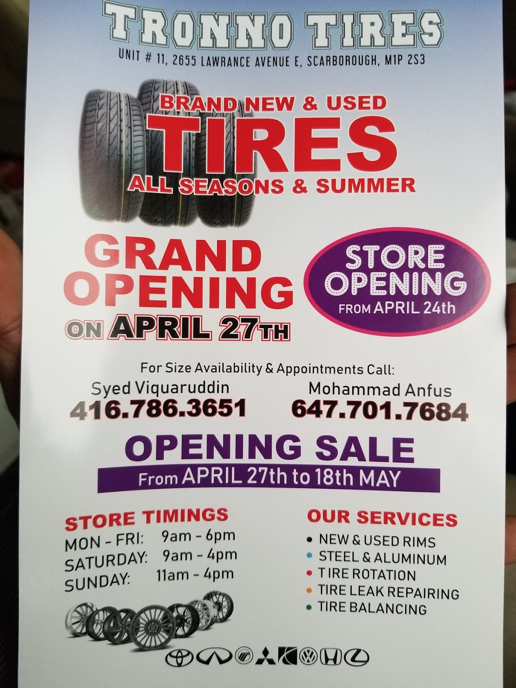 Tronno Tires | 2655 Lawrence Ave E Unit 11, Scarborough, ON M1P 2S3, Canada | Phone: (416) 786-3651