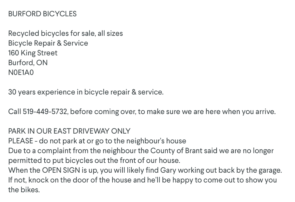 Burford Bicycles & Recycle | 160 King St, Burford, ON N0E, Canada | Phone: (519) 449-5732