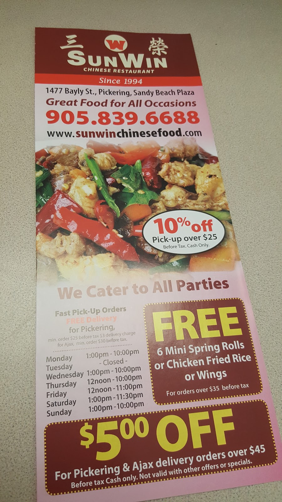 Sun Win Chinese Restaurant | 1477 Bayly St, Pickering, ON L1W 1H6, Canada | Phone: (905) 839-6688