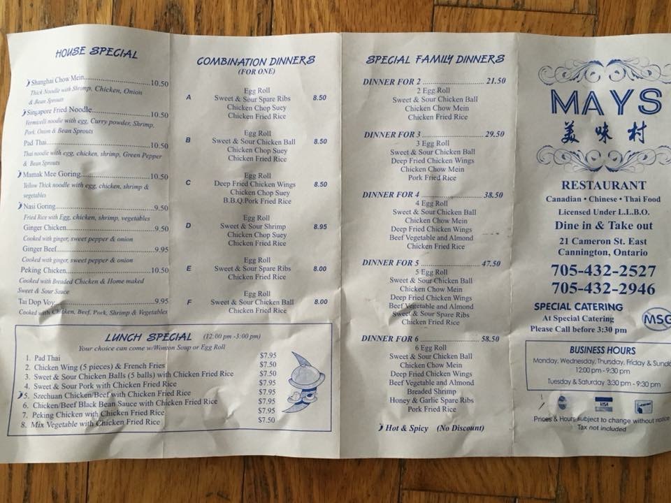 Mays Restaurant | 21 Cameron St E, Cannington, ON L0E 1E0, Canada | Phone: (705) 432-2527