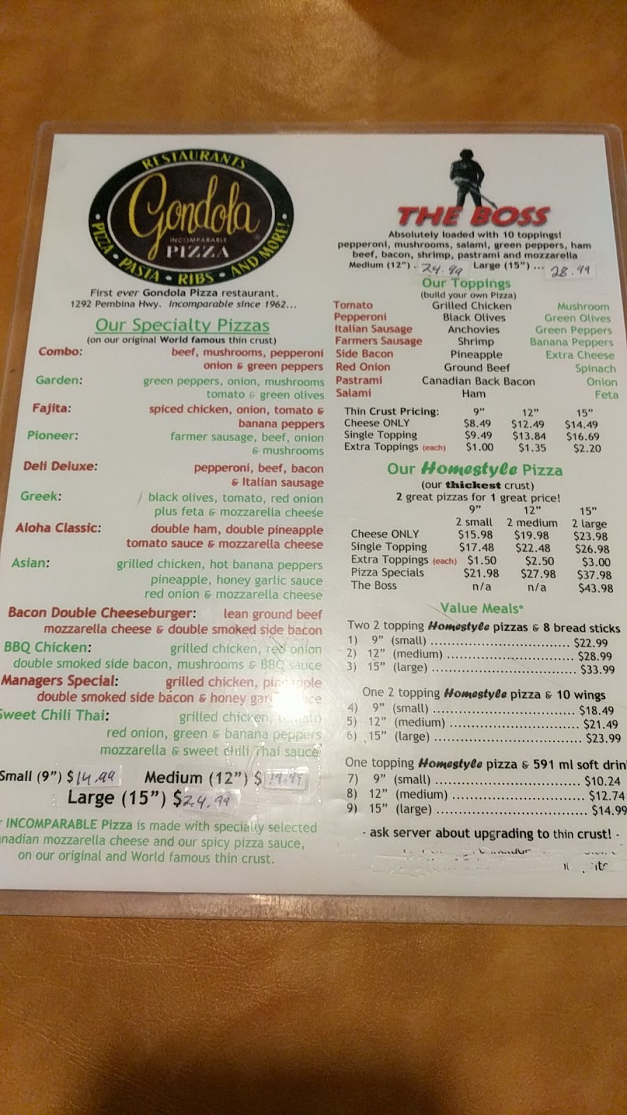Gondola Pizza Restaurants | 1292 Pembina Hwy, Winnipeg, MB R3T 2B2, Canada | Phone: (204) 949-2910