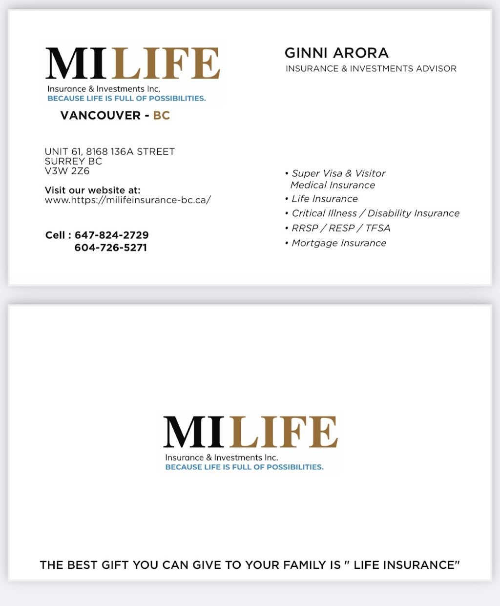 MILIFE Insurance & Investments Inc BC | 8168 136A St unit 61, Surrey, BC V3W 2Z6, Canada | Phone: (647) 824-2729