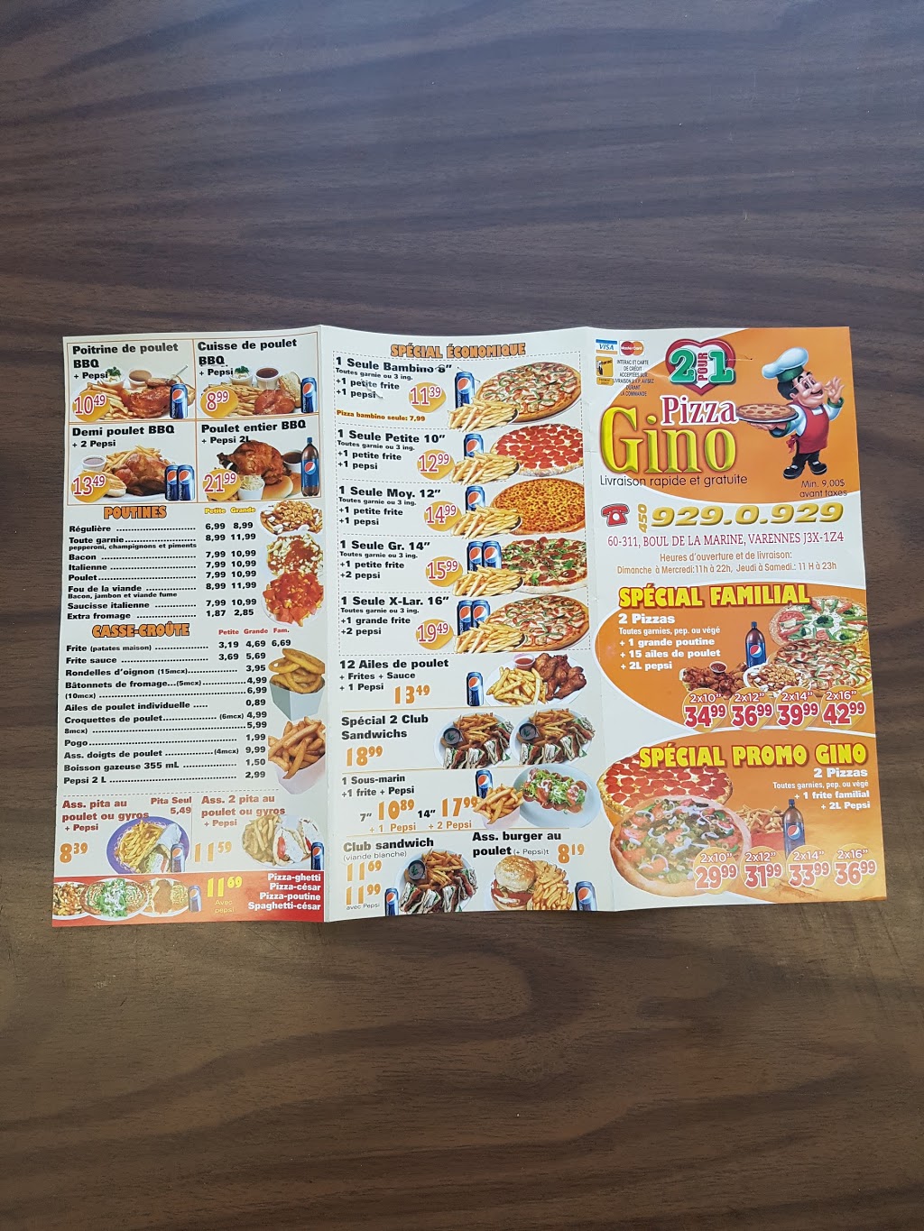 Pizza Gino | 311 Boulevard de la Marine, Varennes, QC J3X 1Z4, Canada | Phone: (450) 929-0929