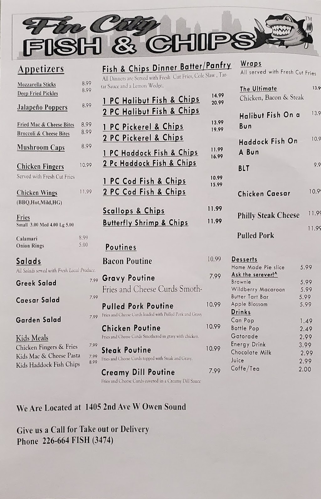 Fin City Fish & Chips | 1405 2nd Ave W, Owen Sound, ON N4K 6Z9, Canada | Phone: (226) 664-3474