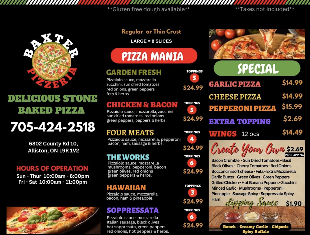 Baxter Pizzaria | 6802 County Rd 10, Alliston, ON L9R 1V2, Canada | Phone: (705) 424-2518