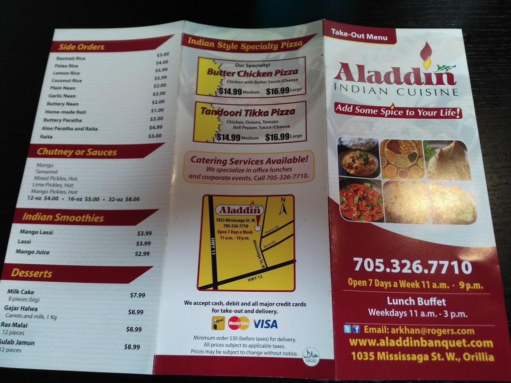 Aladdin Indian Cuisine & Banquet Hall | 1035 Mississaga St W, Orillia, ON L3V 3C7, Canada | Phone: (705) 326-7710