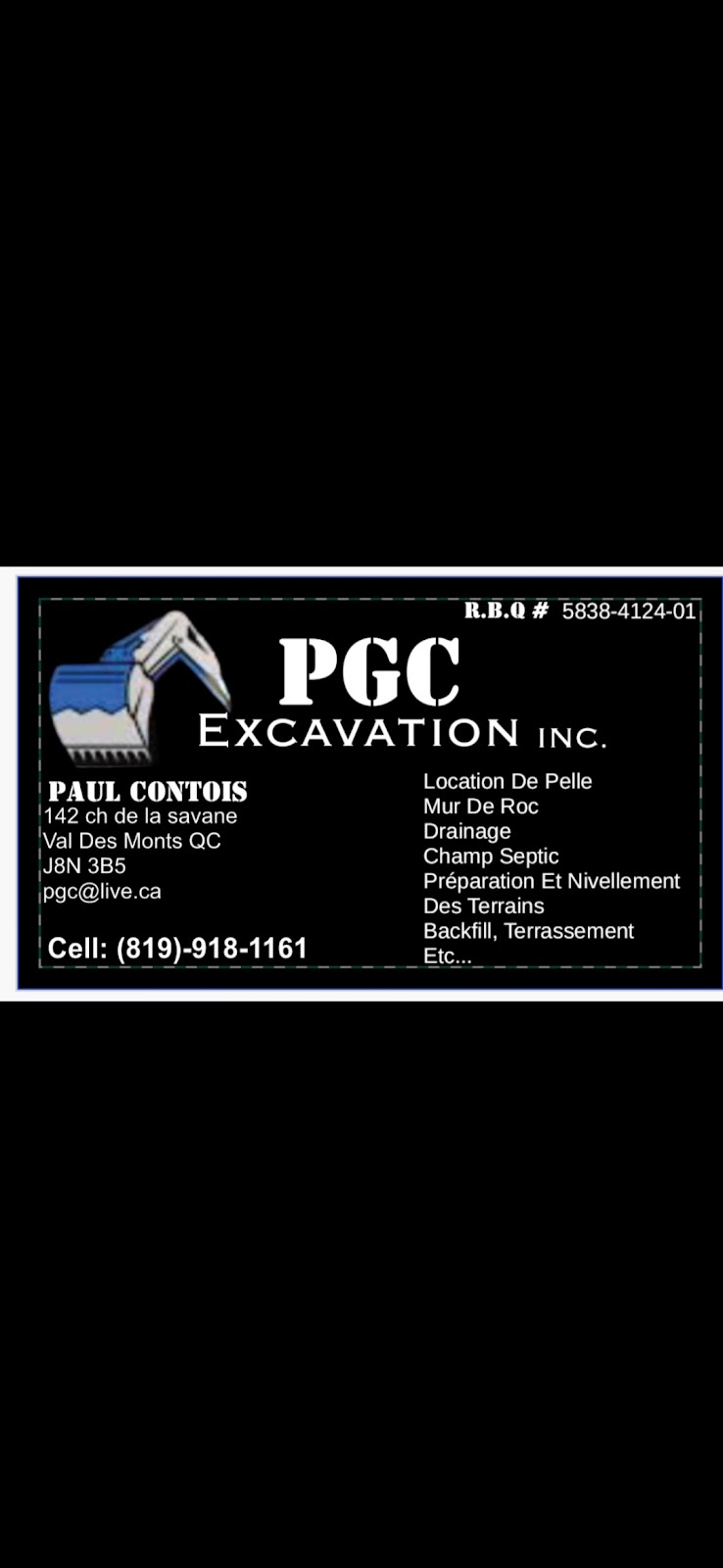 PGC Excavation inc. | 142 Chem. de la Savane, Val des monts, QC J8N 3B5, Canada | Phone: (819) 918-1161