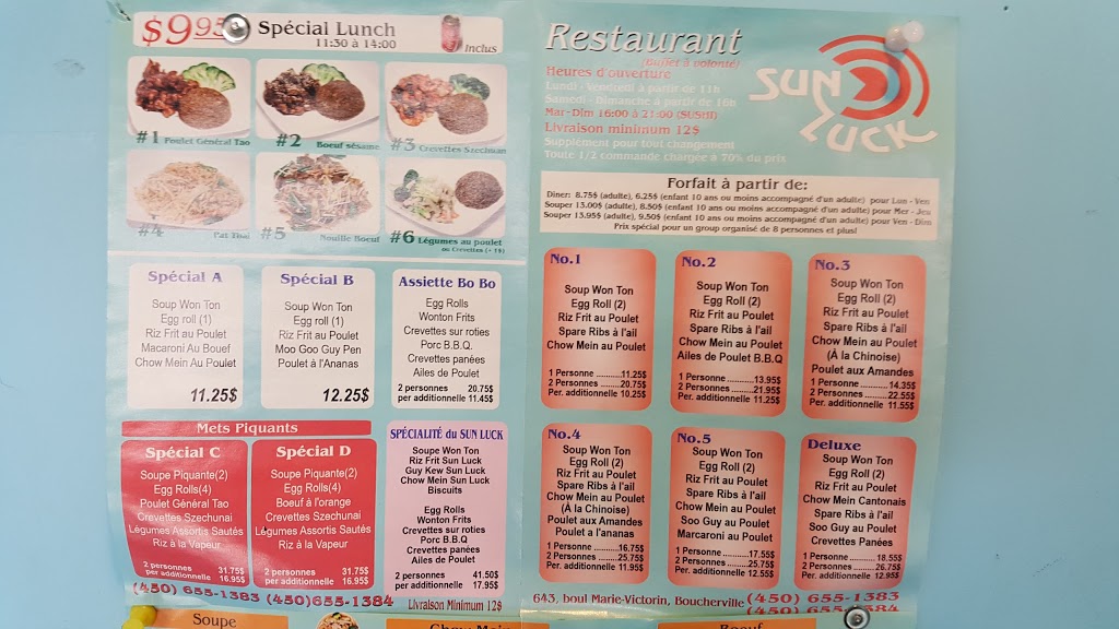 Sun Luck Chinese Food | 643 Boulevard Marie-Victorin, Boucherville, QC J4B 1X8, Canada | Phone: (450) 655-1383