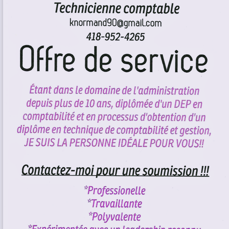 Kathleen Normand technicienne comptable | 1108 Chemin des Coudriers, Saint-Bernard-sur-Mer, QC G0A 3J0, Canada | Phone: (418) 952-4265