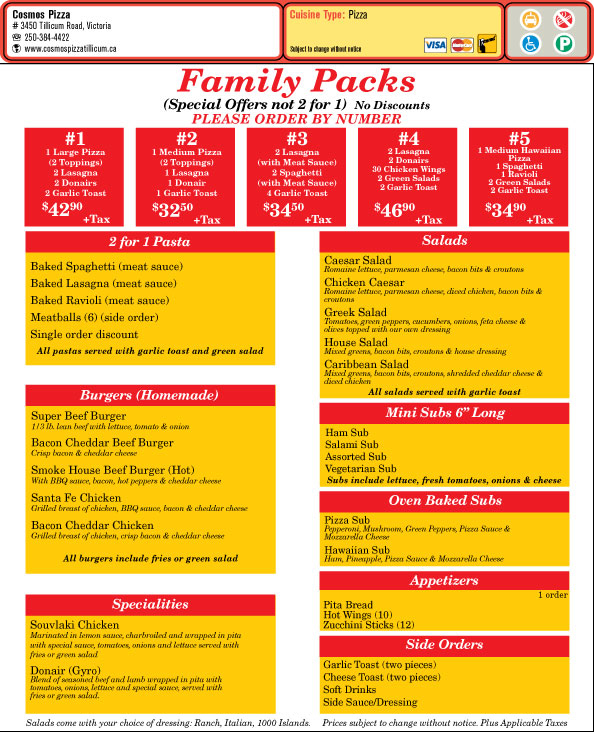 Cosmos Pizza | 3450 Tillicum Rd, Victoria, BC V8Z 4H3, Canada | Phone: (250) 384-4422