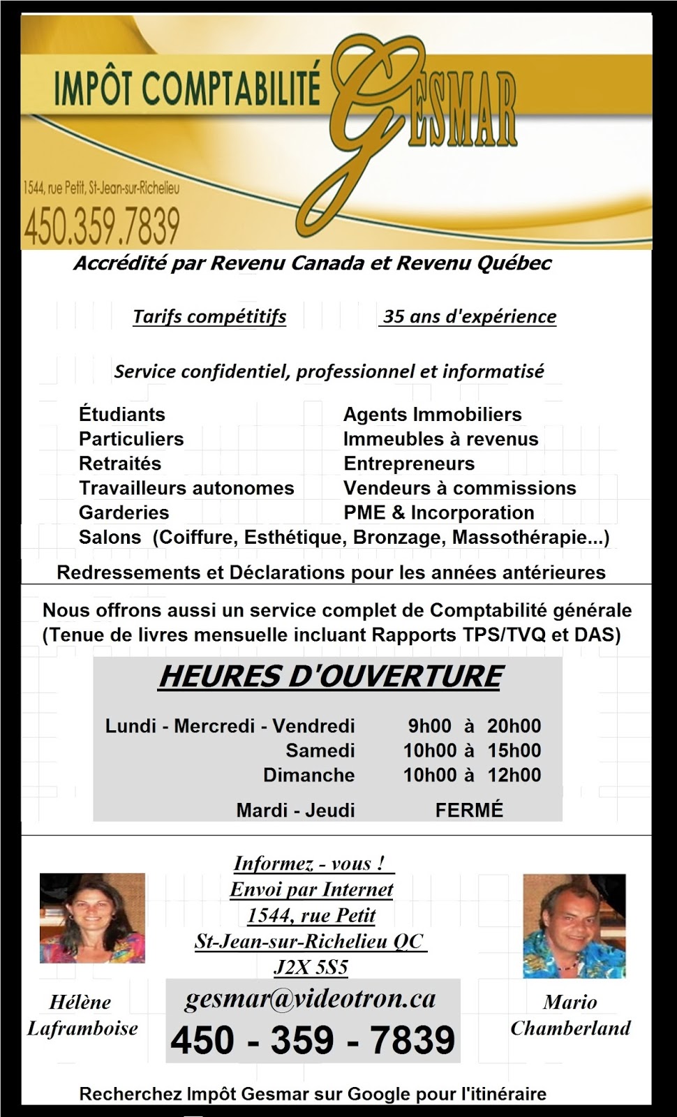 Impôt Comptabilité Gesmar | 1544 Rue Petit, Saint-Jean-sur-Richelieu, QC J2X 5S5, Canada | Phone: (450) 359-7839