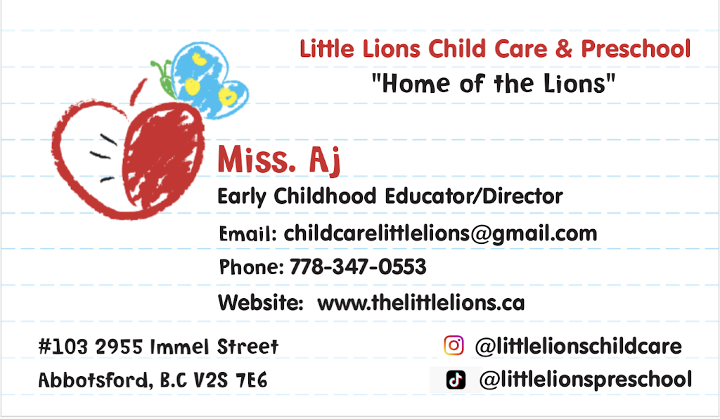 Little Lions Child Care and Preschool Inc | 2955 Immel St #103, Abbotsford, BC V2S 7E6, Canada | Phone: (778) 347-0553