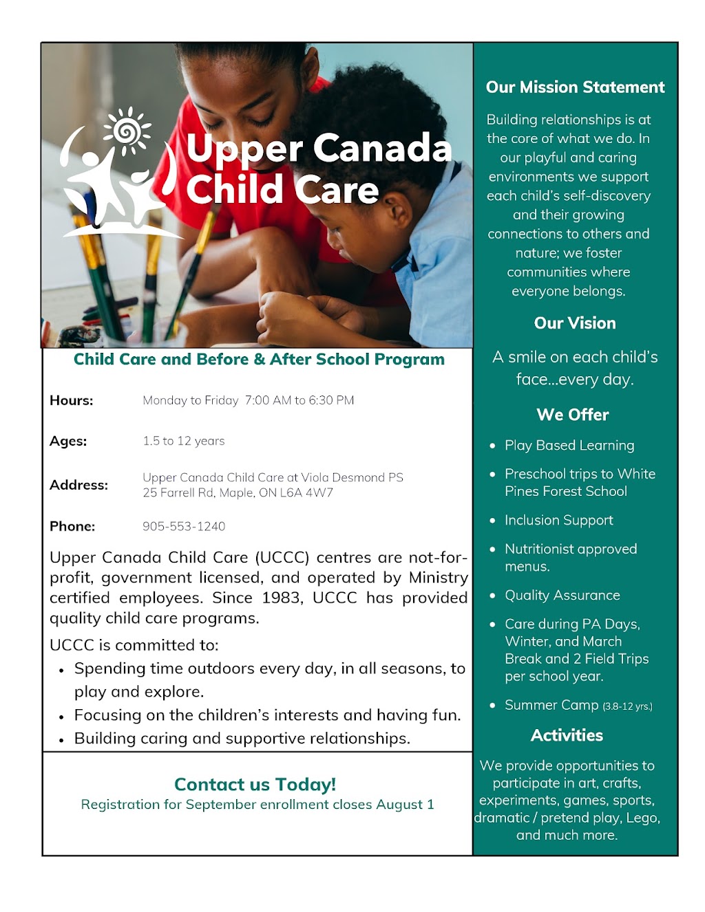 Upper Canada Child Care at Viola Desmond PS | 25 Farrell Rd, Maple, ON L6A 4W7, Canada | Phone: (905) 553-1240