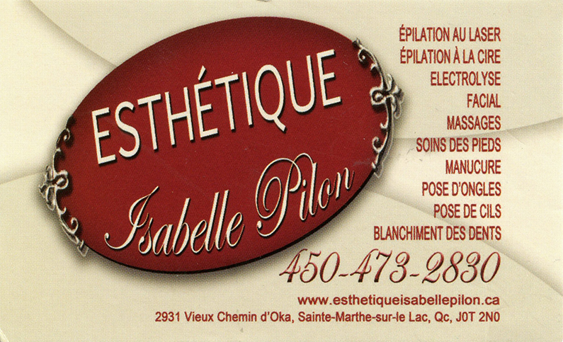 Esthétique Isabelle Pilon | point of interest | 2931 Chem. dOka, Sainte-Marthe-sur-le-Lac, QC J0N 1P0, Canada | 4504732830 OR +1 450-473-2830