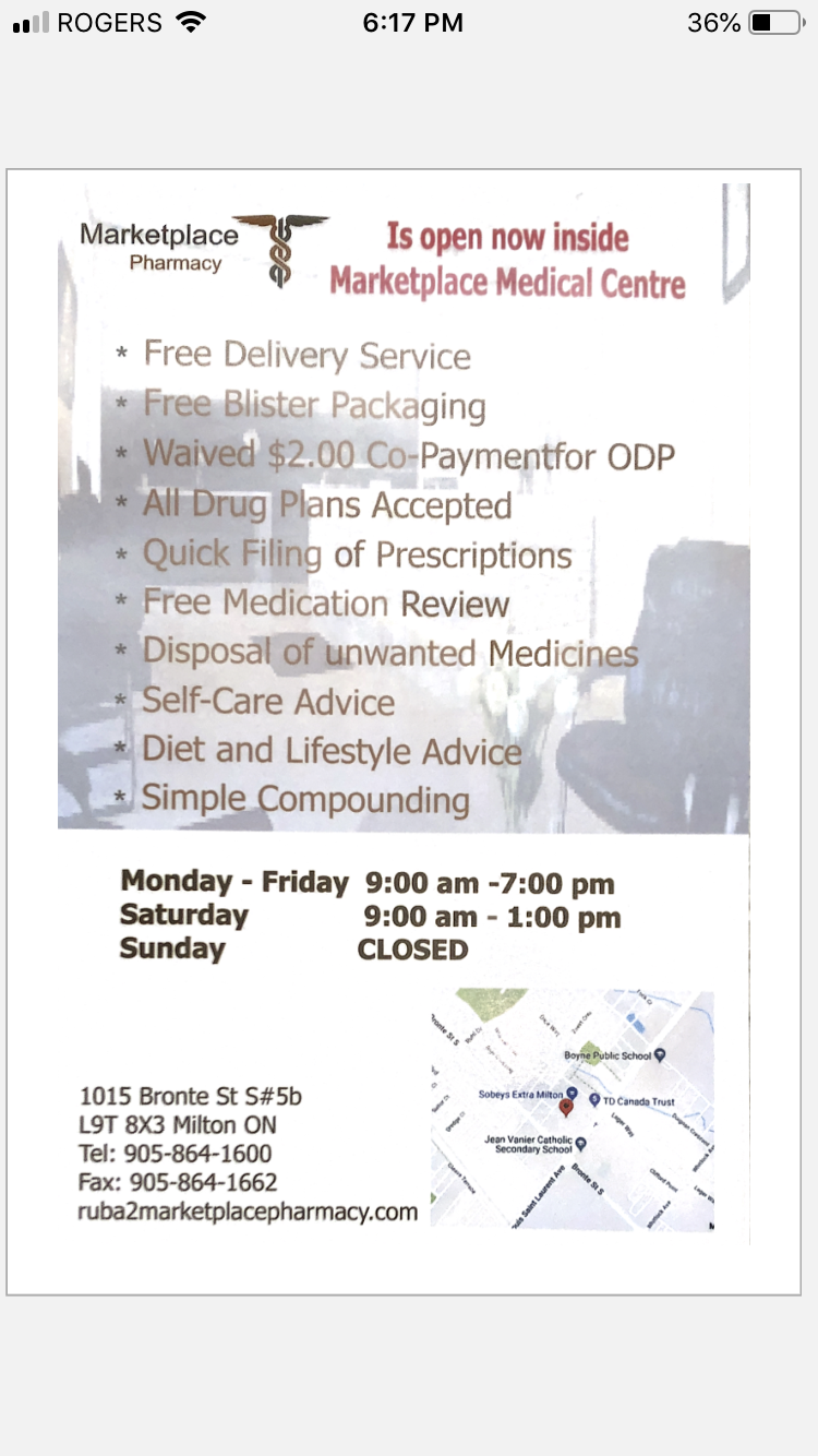 Marketplace Pharmacy Milton | 1015 Bronte St S #5B, Milton, ON L9T 8X3, Canada | Phone: (905) 864-1600