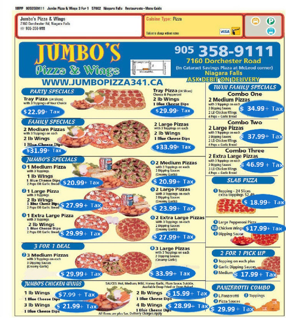 Jumbo Pizza & Wings 3 For 1 | 7160 Dorchester Rd, Niagara Falls, ON L2G 5V6, Canada | Phone: (905) 358-9111