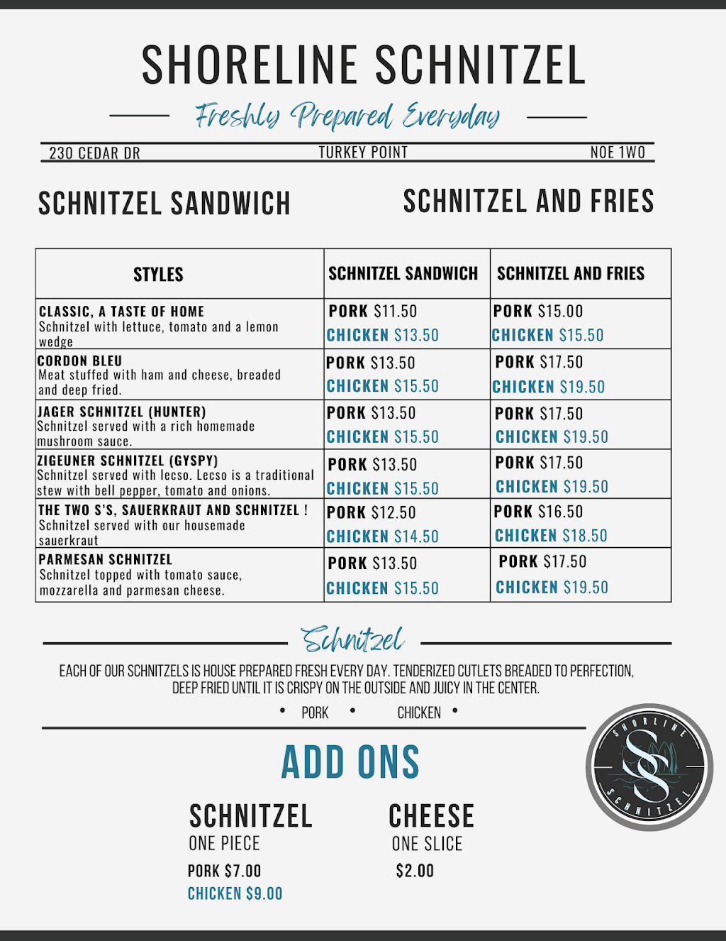 Shoreline Schnitzel | 230 Cedar Dr, Vittoria, ON N0E 1W0, Canada | Phone: (905) 818-5881