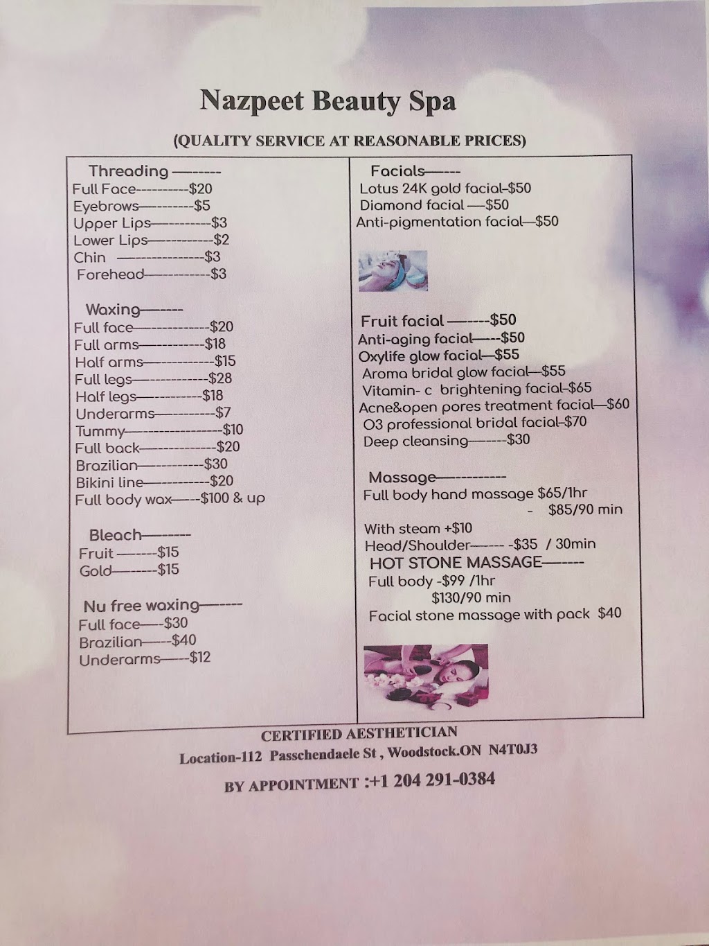 Nazpeet Beauty Spa | 112 Passchendaele St, Woodstock, ON N4T 0J3, Canada | Phone: (204) 291-0384