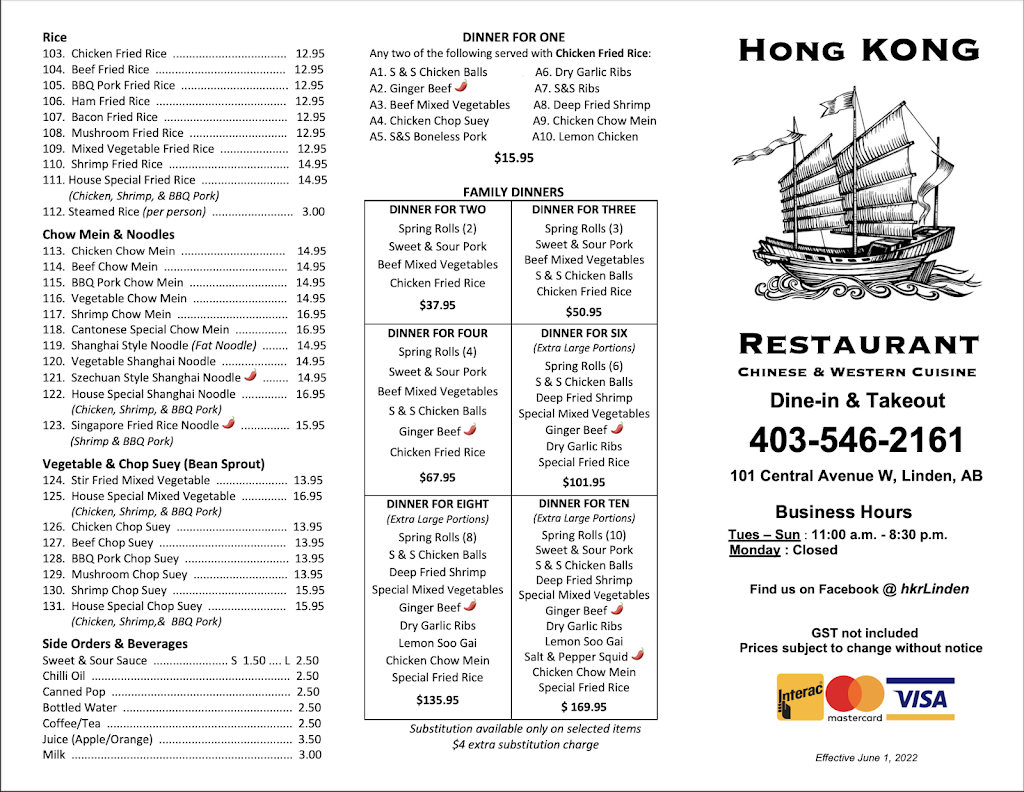 Hong Kong Restaurant | 101 Central Ave W, Linden, AB T0M 1J0, Canada | Phone: (403) 546-2161
