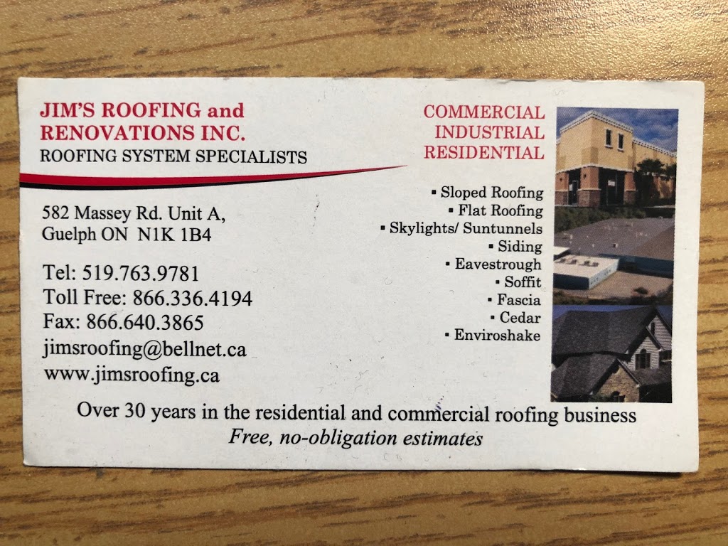 Jims Roofing and Renovations Inc. | 582 Massey Rd Unit A, Guelph, ON N1K 1B4, Canada | Phone: (519) 763-9781