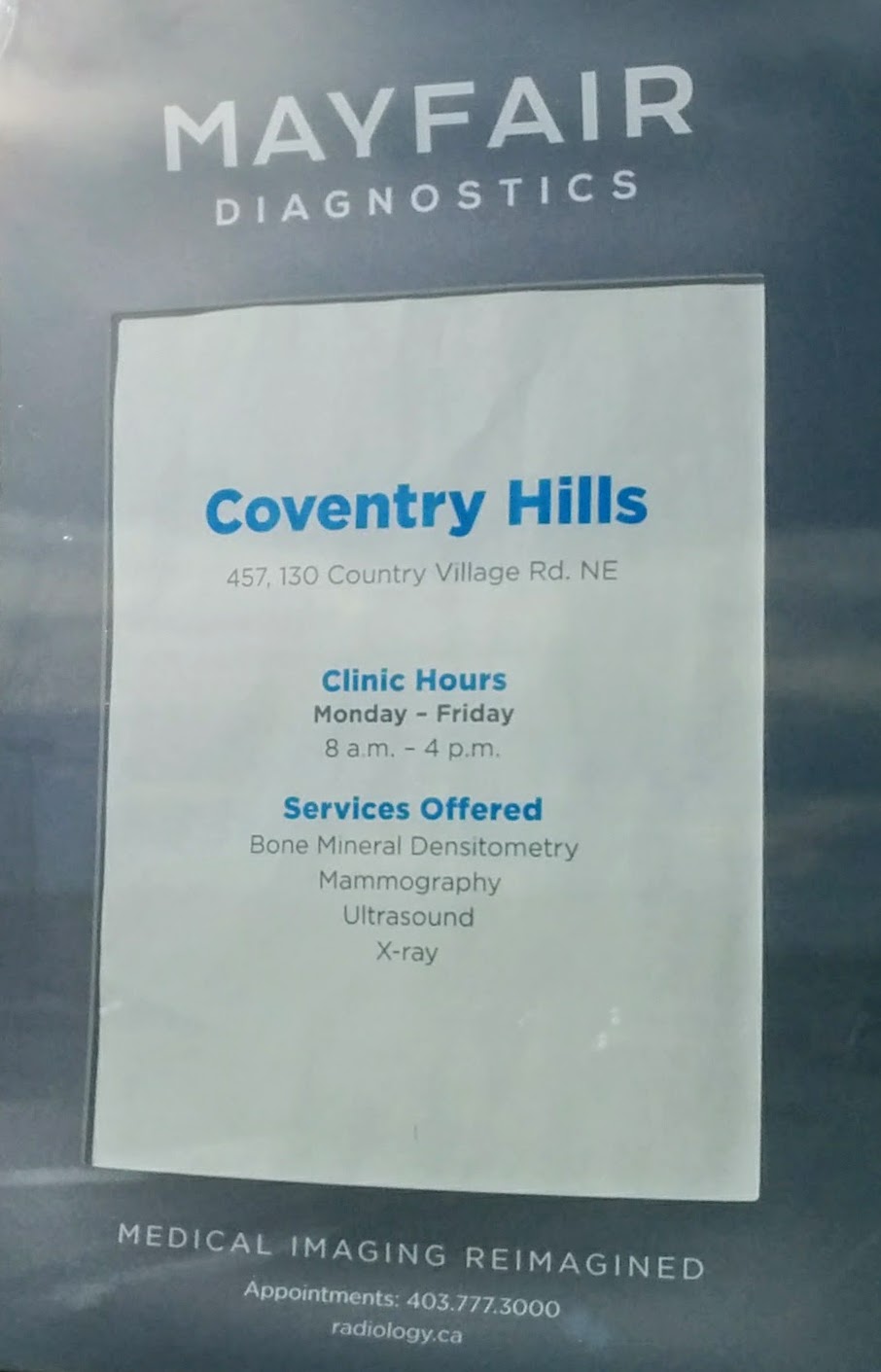 Mayfair Diagnostics Coventry Hills | 130 Country Village Rd NE #457, Calgary, AB T3K 6B8, Canada | Phone: (403) 777-3000