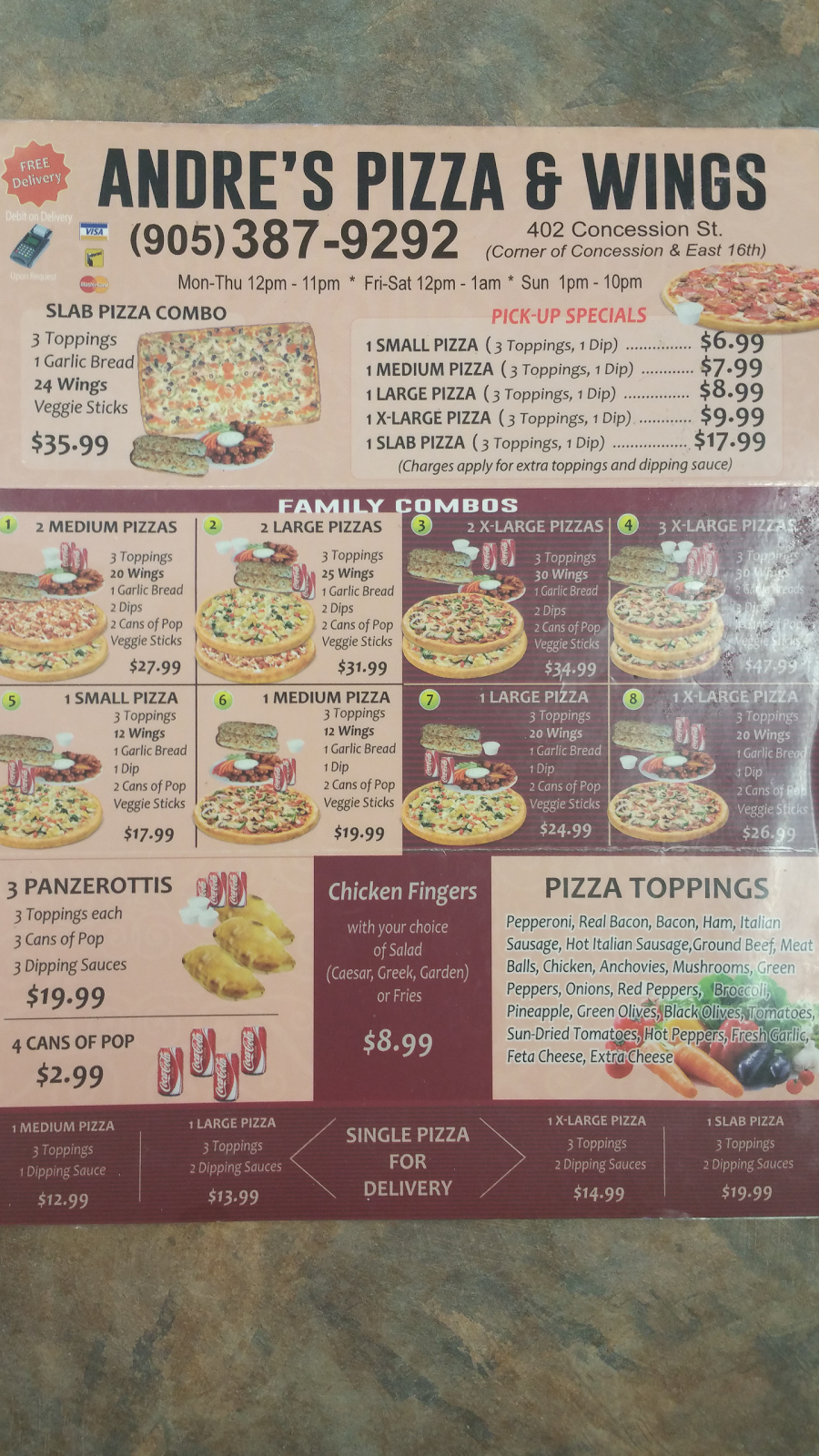 Andres Pizza & Wings | restaurant | 402 Concession St, Hamilton, ON L9A 1B7, Canada | 9053879292 OR +1 905-387-9292