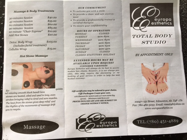 Europa Esthetics Total Body Studio | 10247 151 St NW, Edmonton, AB T5P 1T6, Canada | Phone: (780) 908-3383