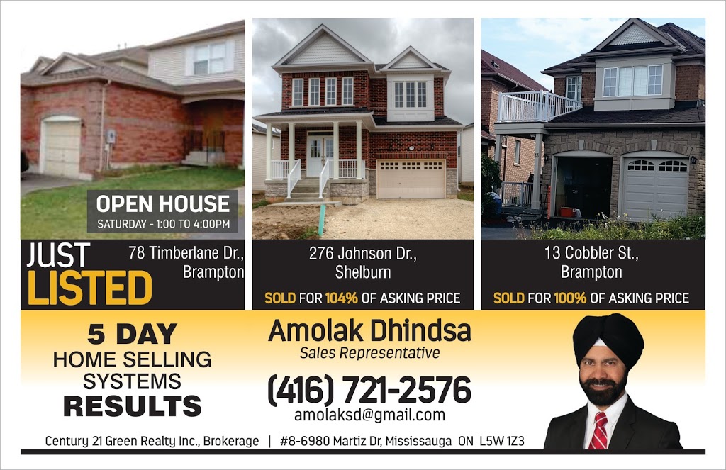Amolak Dhindsa Century 21 Green Realty Inc, Brokerage | 6980 Maritz Dr #8, Mississauga, ON L5W 1Z3, Canada | Phone: (416) 721-2576