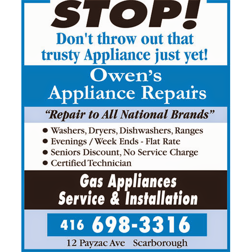 Owens Gas Appliance Svc | 12 Payzac Ave, Scarborough, ON M1E 2W7, Canada | Phone: (416) 698-3316