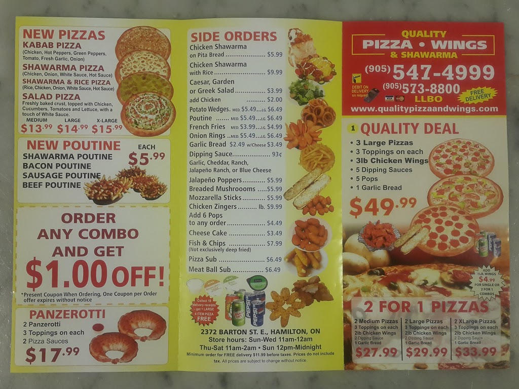 Quality Pizza & Wings | 2372 Barton St E, Hamilton, ON L8E 2W7, Canada | Phone: (905) 573-8800