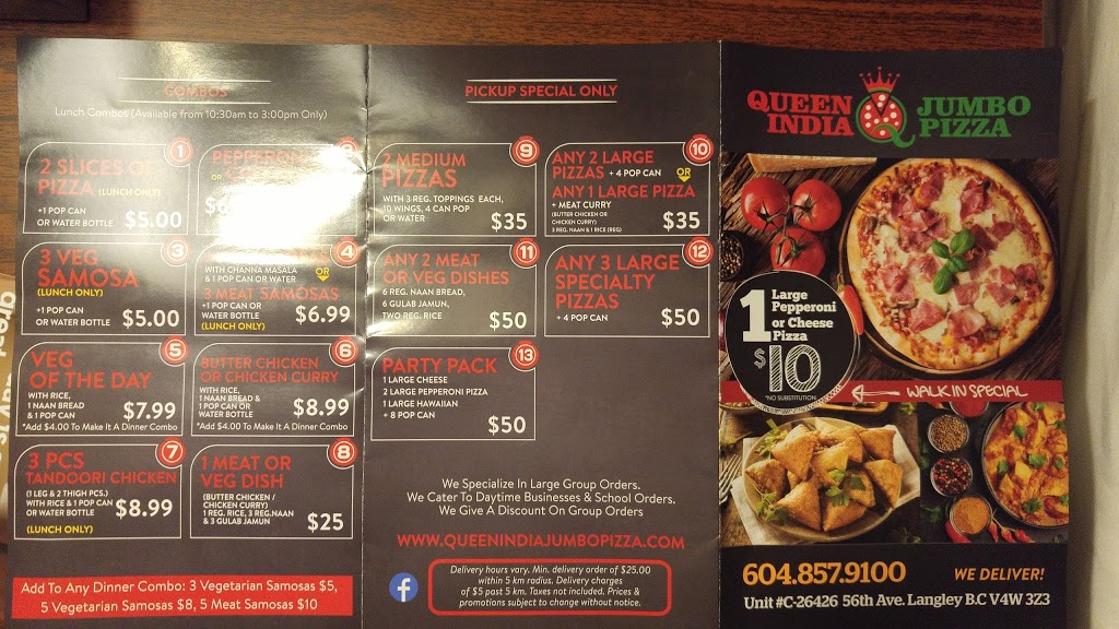 Queen India Jumbo Pizza | 26426 56 Ave, Langley City, BC V4W 1P2, Canada | Phone: (604) 857-9100