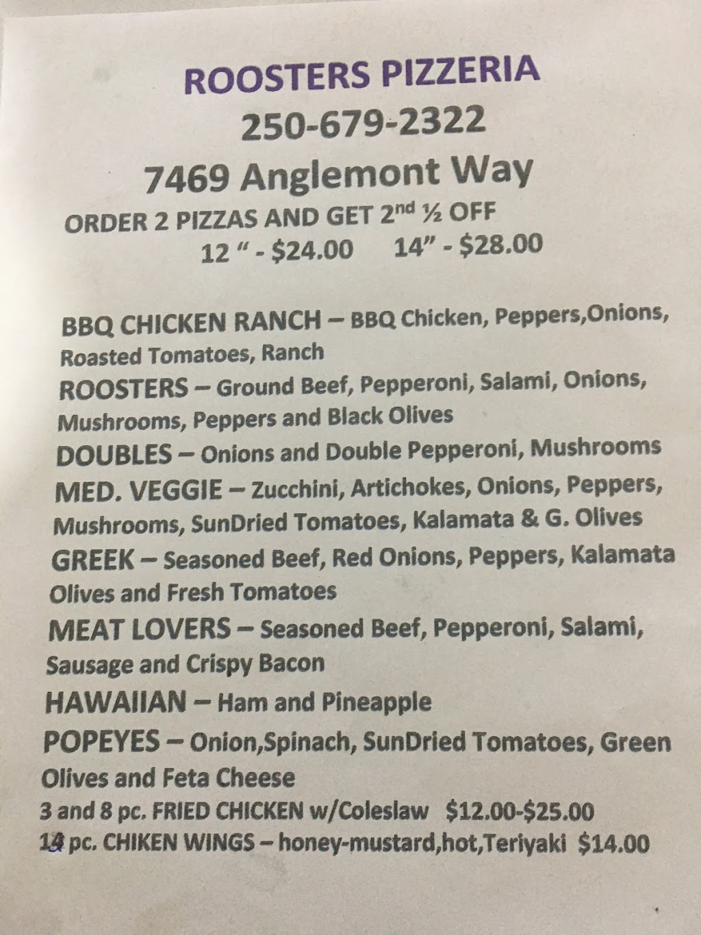 Roosters Pizzaria | 7469 Anglemont Way, Anglemont, BC V0E 1M8, Canada | Phone: (250) 679-2322